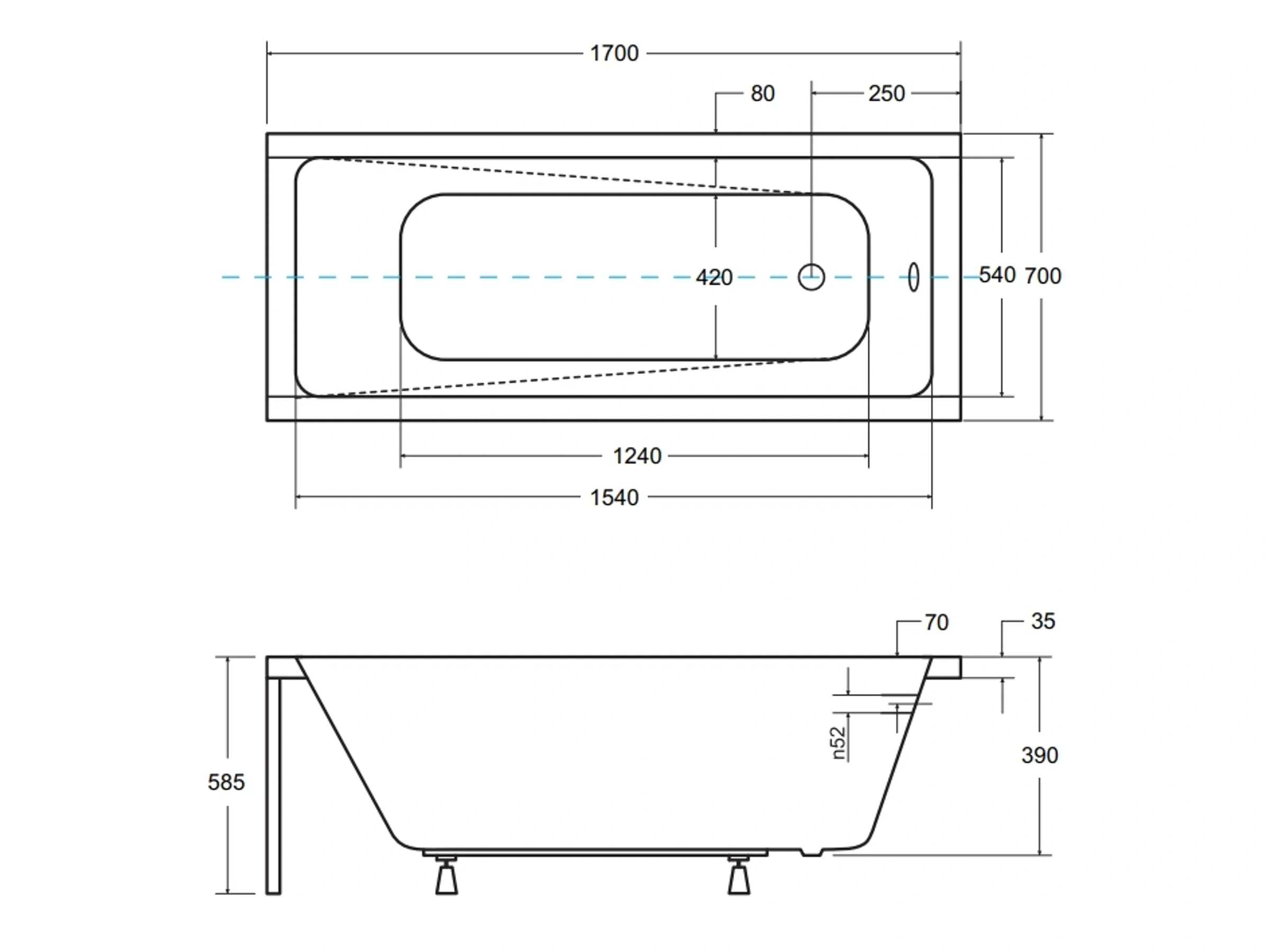 Bad Land Badewanne MODERN Rechteck 170x70 – Mit Ablauf & Füßen