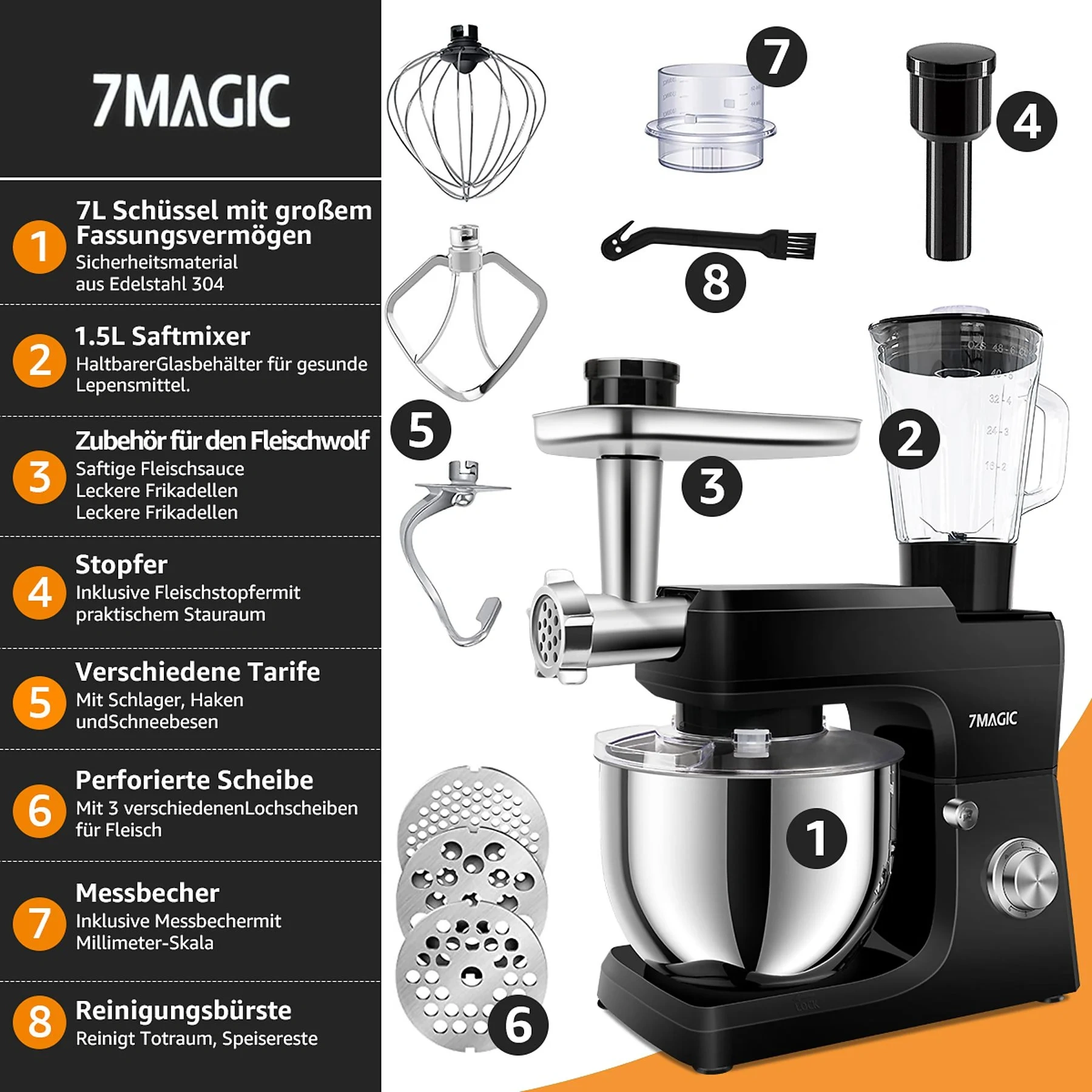 7MAGIC Küchenmaschine 5 in 1 – Multifunktions Standmixer, Schwarz