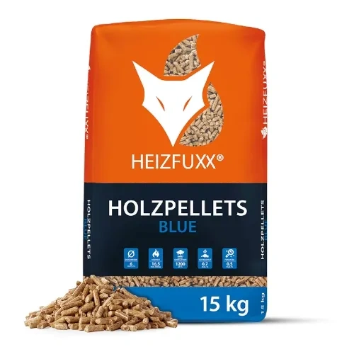 Heizfuxx Holzpellets Blue – 15 kg × 65 Säcke (975 kg Palette)