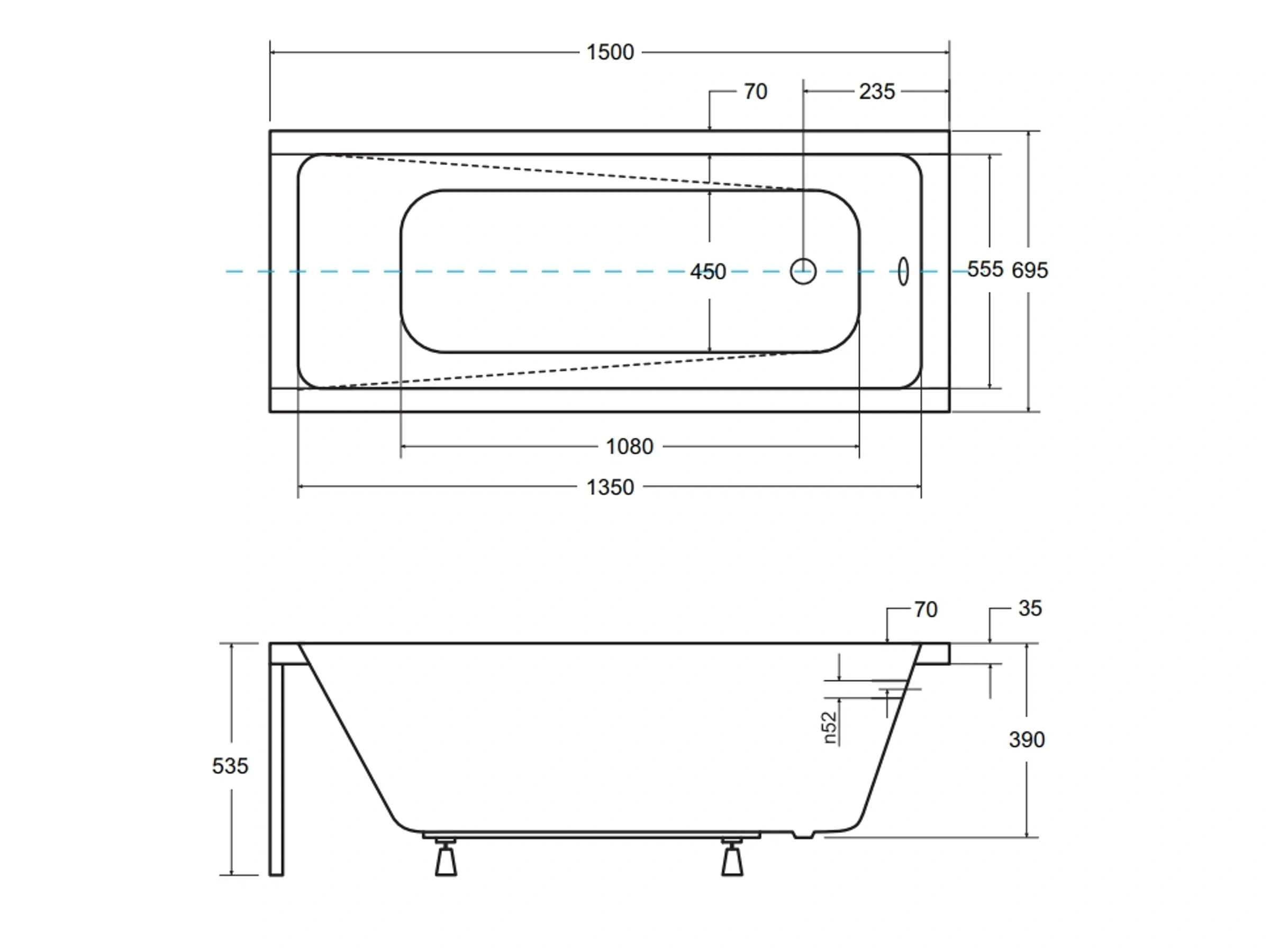 Bad Land Badewanne MODERN Rechteck 150x70 – Mit Ablauf & Füßen
