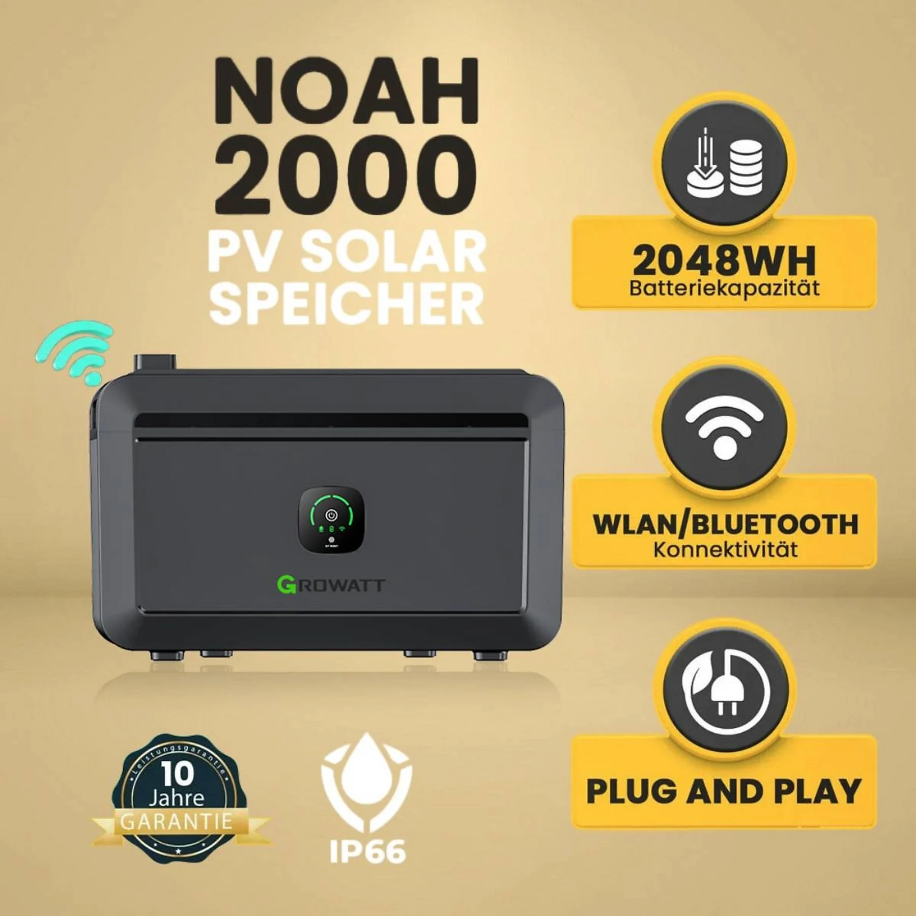 Growatt NOAH 2000 – Intelligenter Solarspeicher für Balkonkraftwerke (2048 Wh, LiFePO₄, IP66)