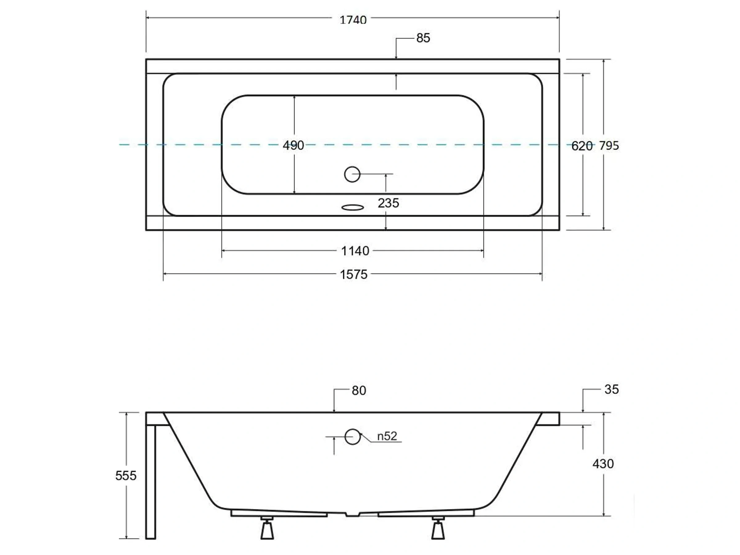 Bad Land Badewanne QUADRO Rechteck 175x80 – Mit Ablauf & Füßen