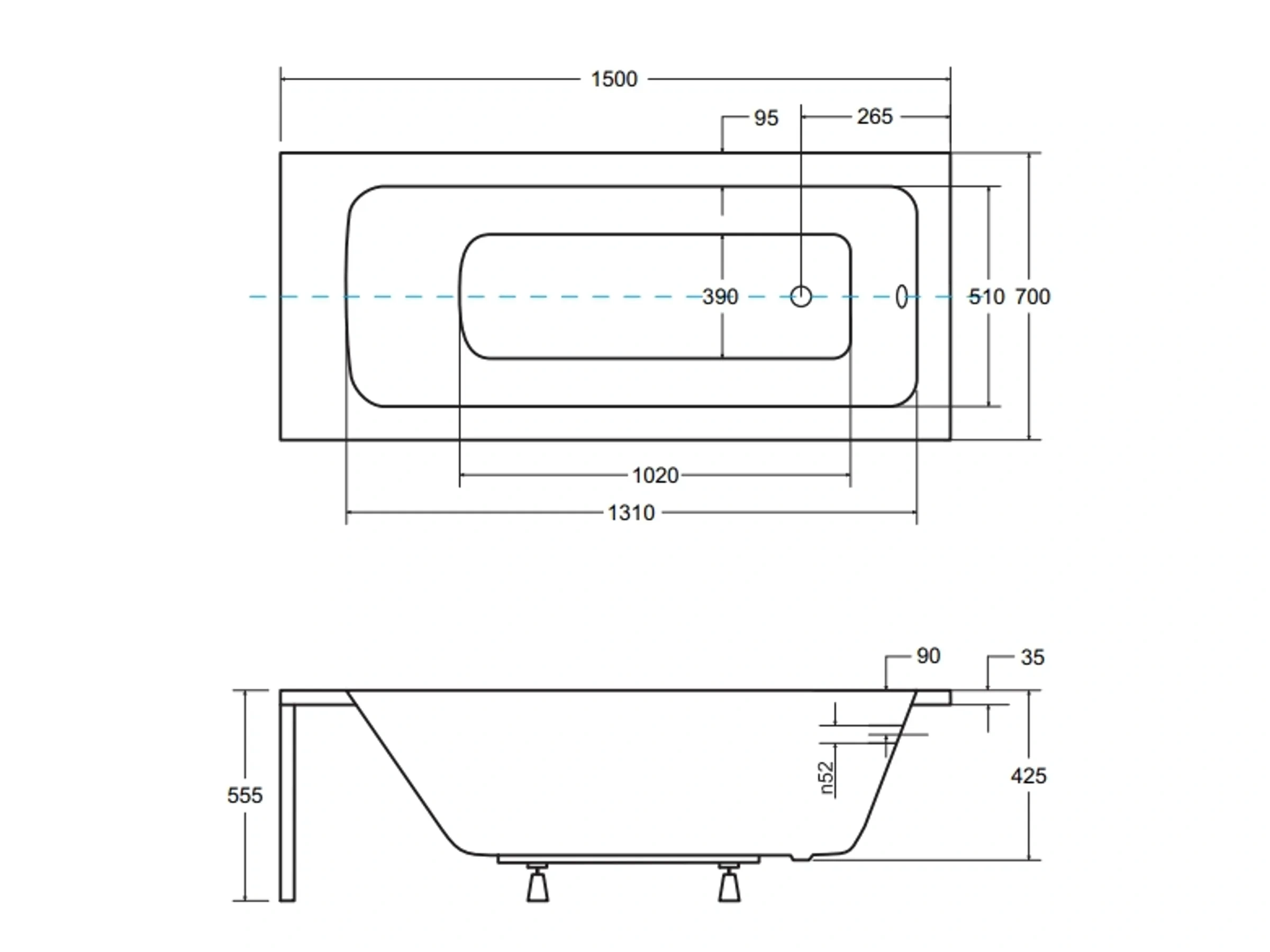 Bad Land Badewanne TALIA Rechteck 150x70 – Mit Ablauf & Füßen