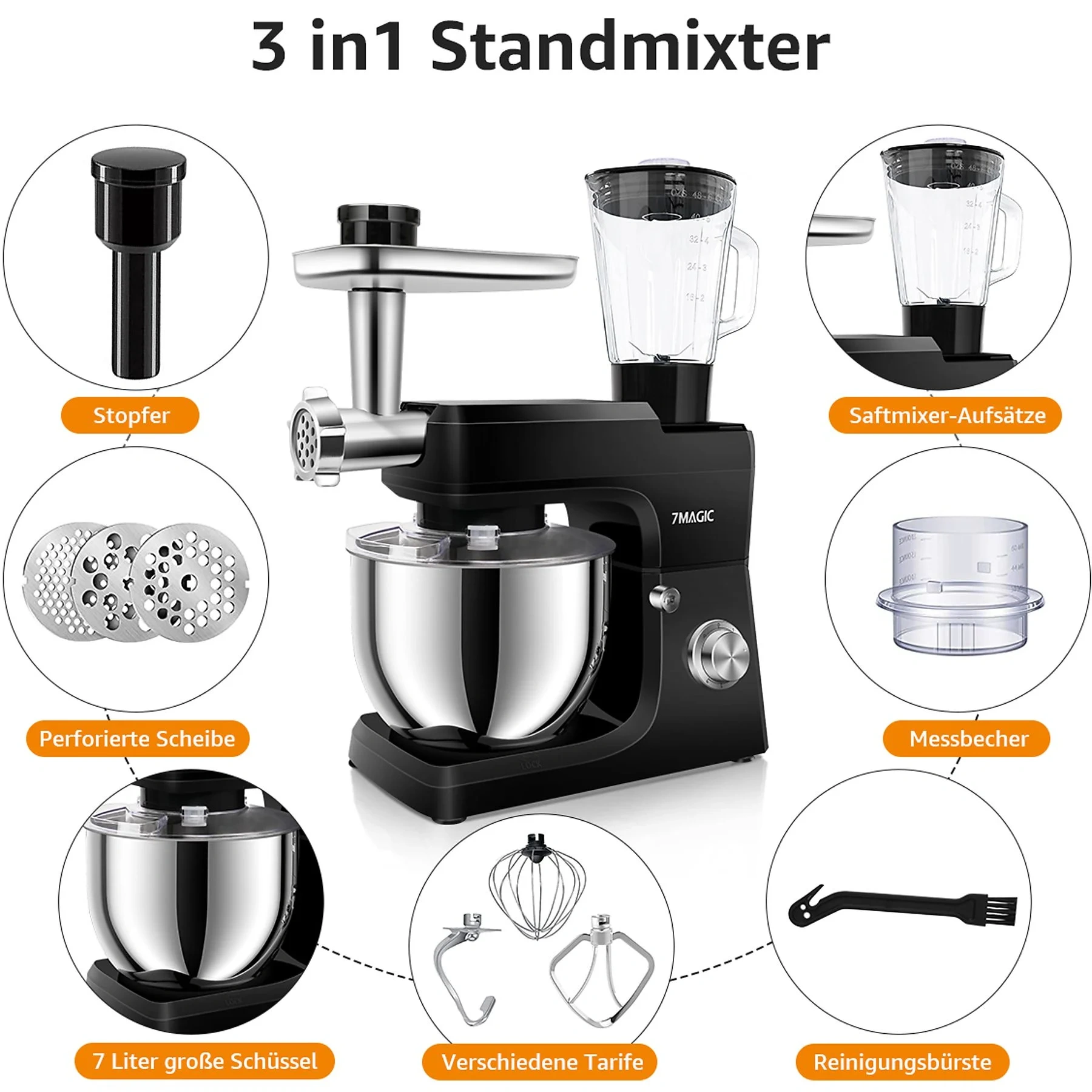 7MAGIC Küchenmaschine 5 in 1 – Multifunktions Standmixer, Schwarz