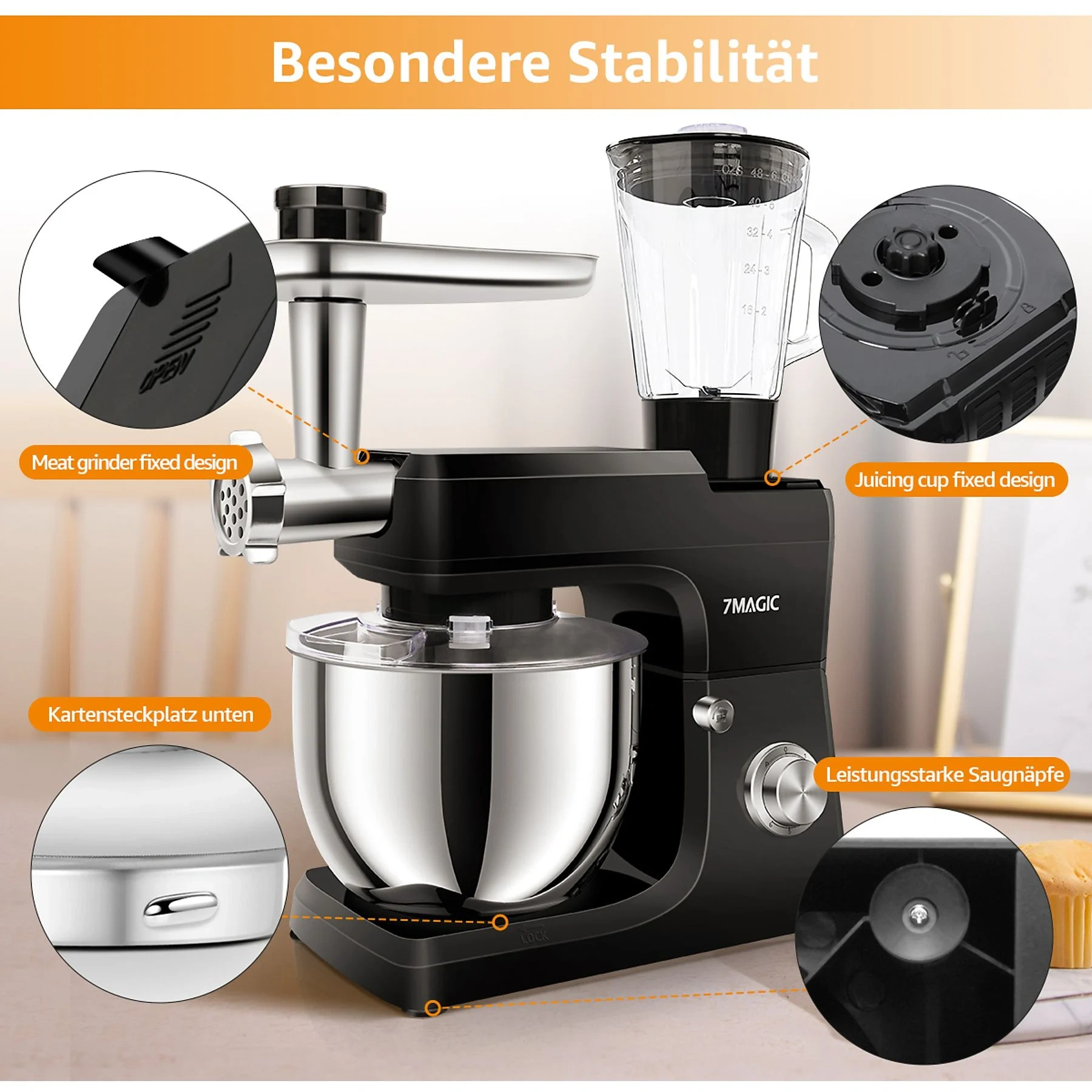 7MAGIC Küchenmaschine 5 in 1 – Multifunktions Standmixer, Schwarz