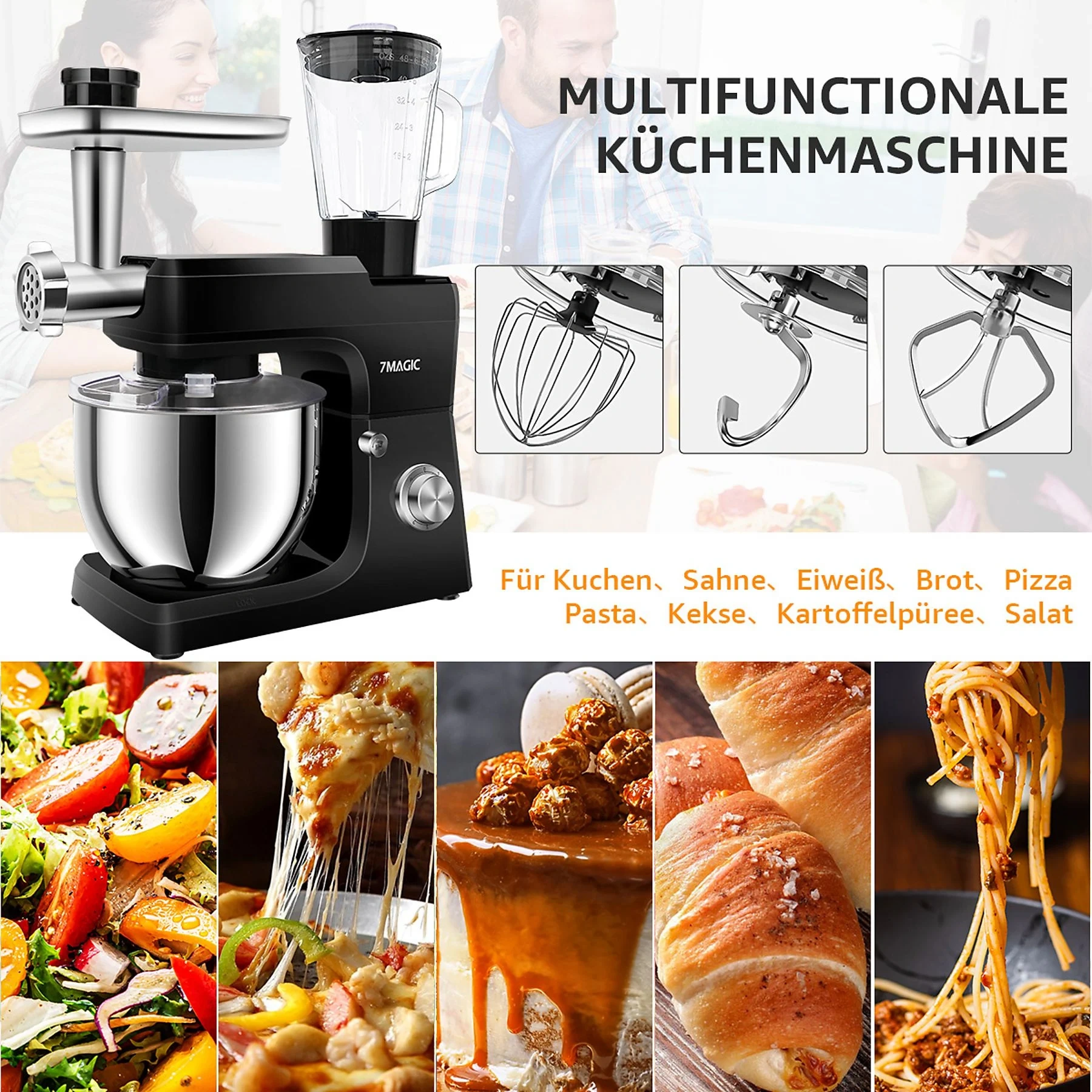 7MAGIC Küchenmaschine 5 in 1 – Multifunktions Standmixer, Schwarz