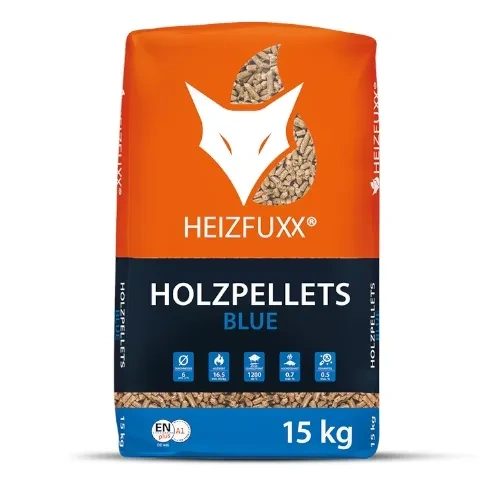 Heizfuxx Holzpellets Blue – 15 kg × 65 Säcke (975 kg Palette)