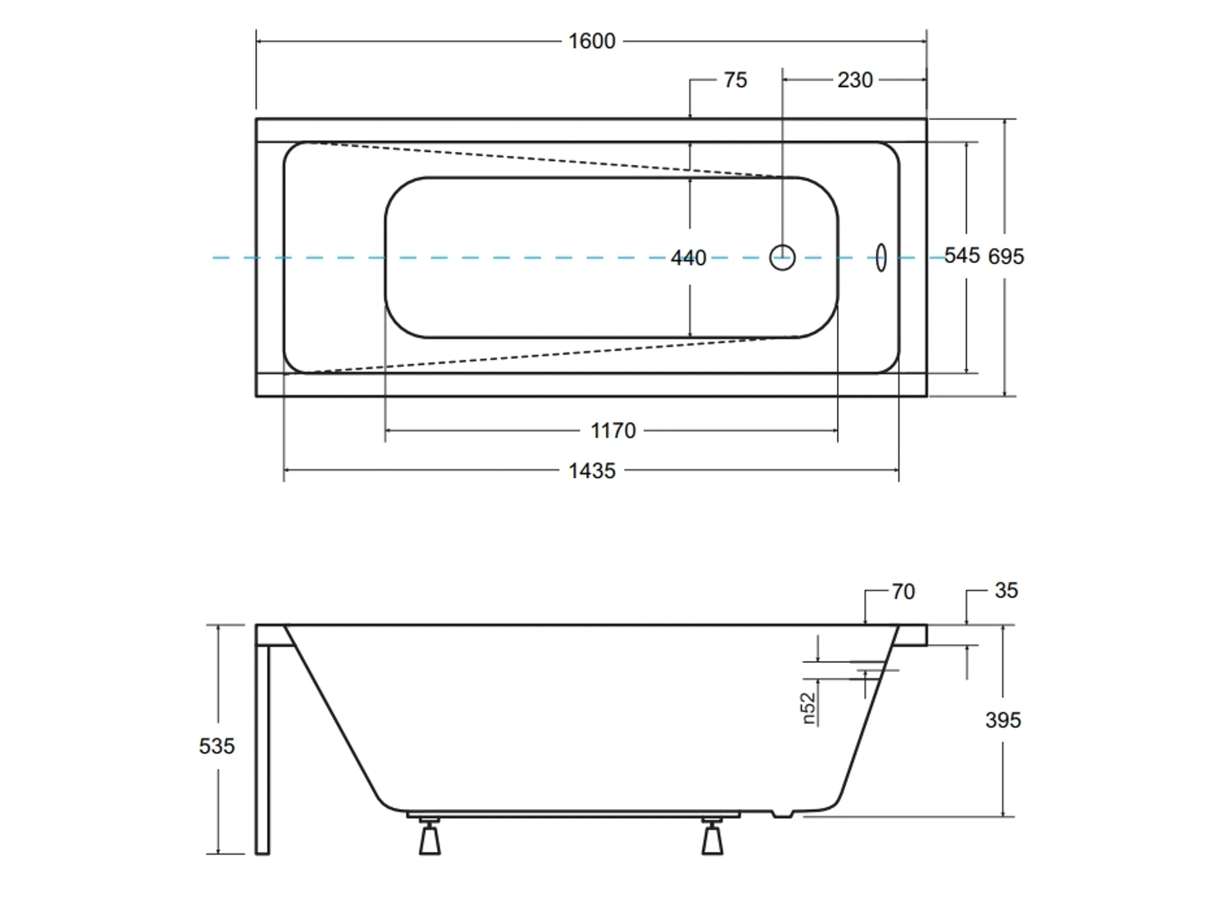Bad Land Badewanne MODERN Rechteck 160x70 – Mit Ablauf & Füßen