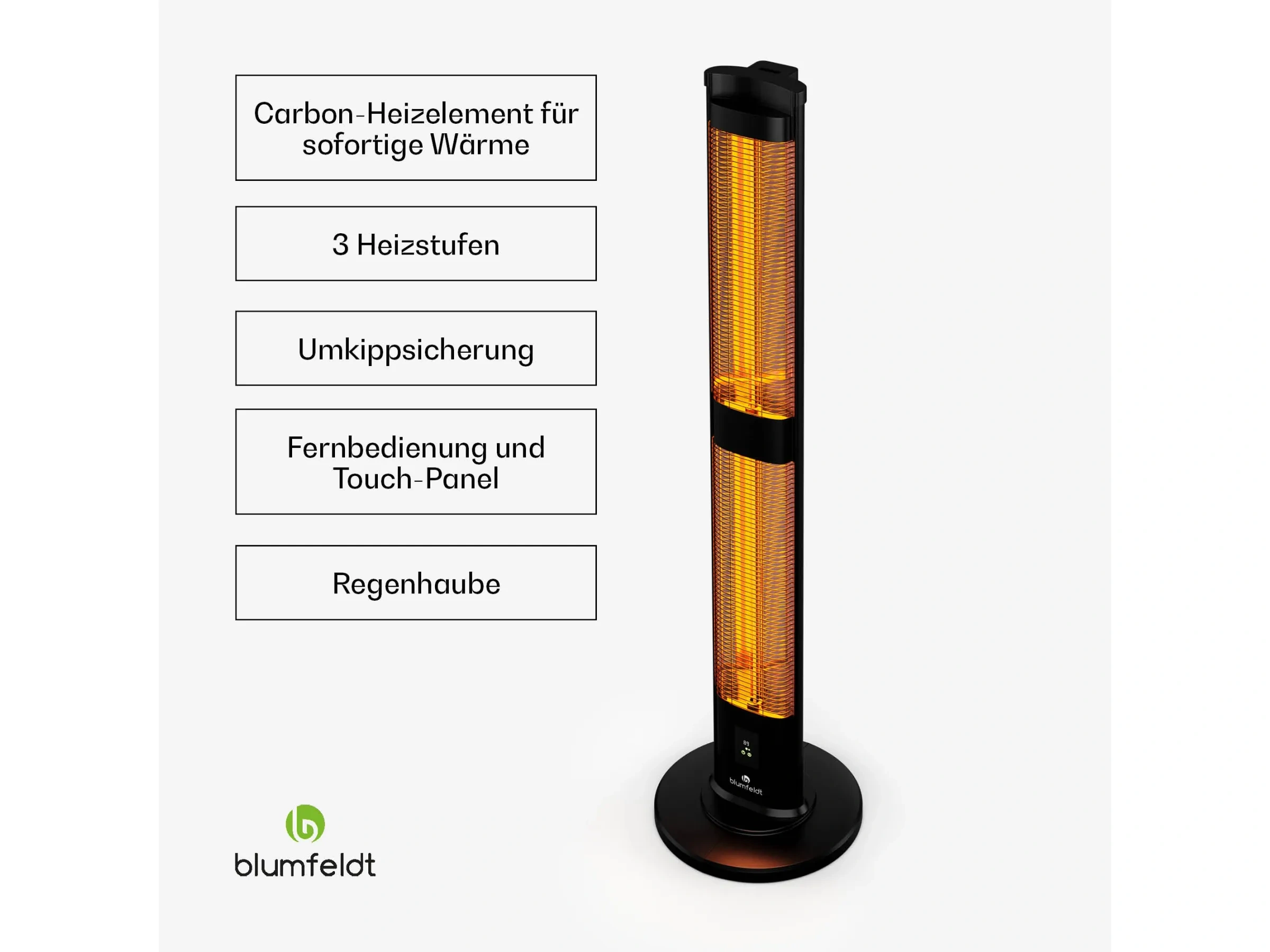 Blumfeldt BlazeTower Standheizer – 3000 W, IP45, Außenbereich