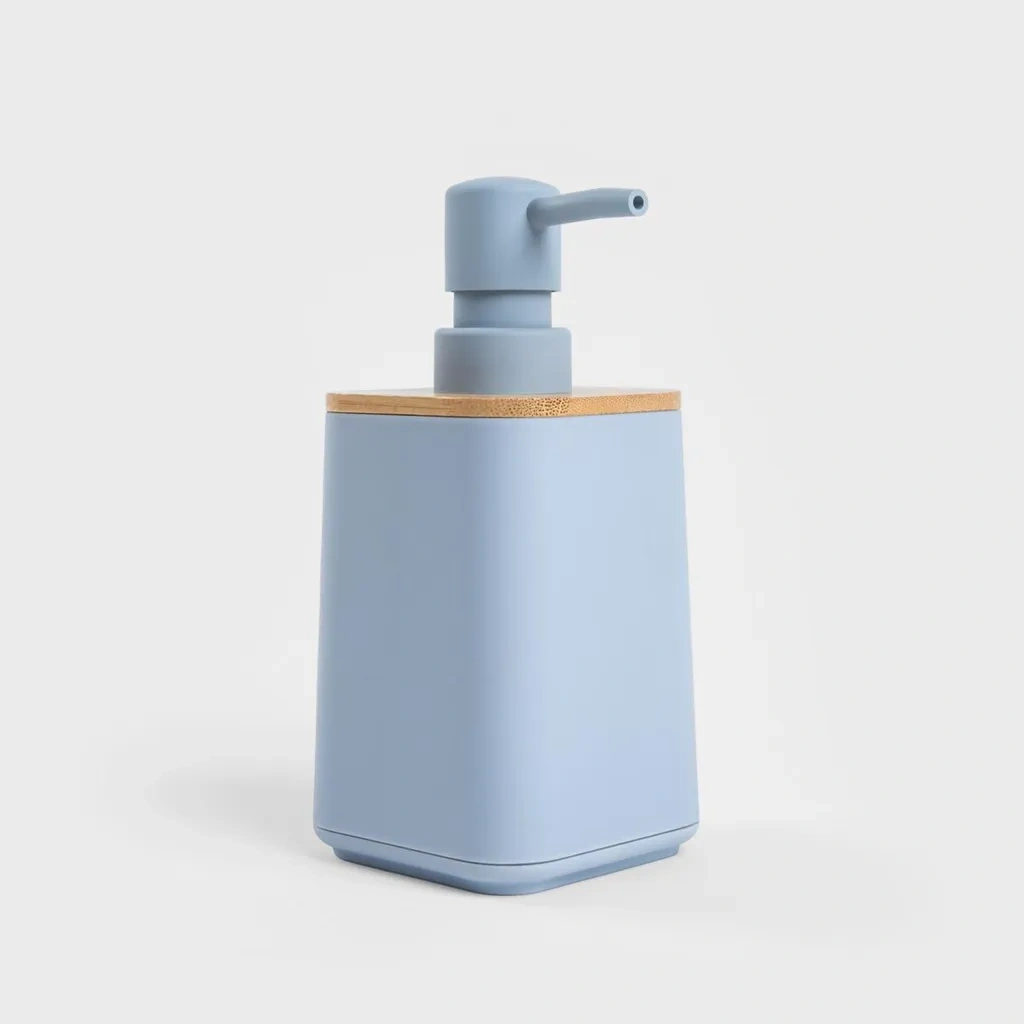 Seifenspender blau 7,5x17,5 cm – Kunststoff mit Bambus