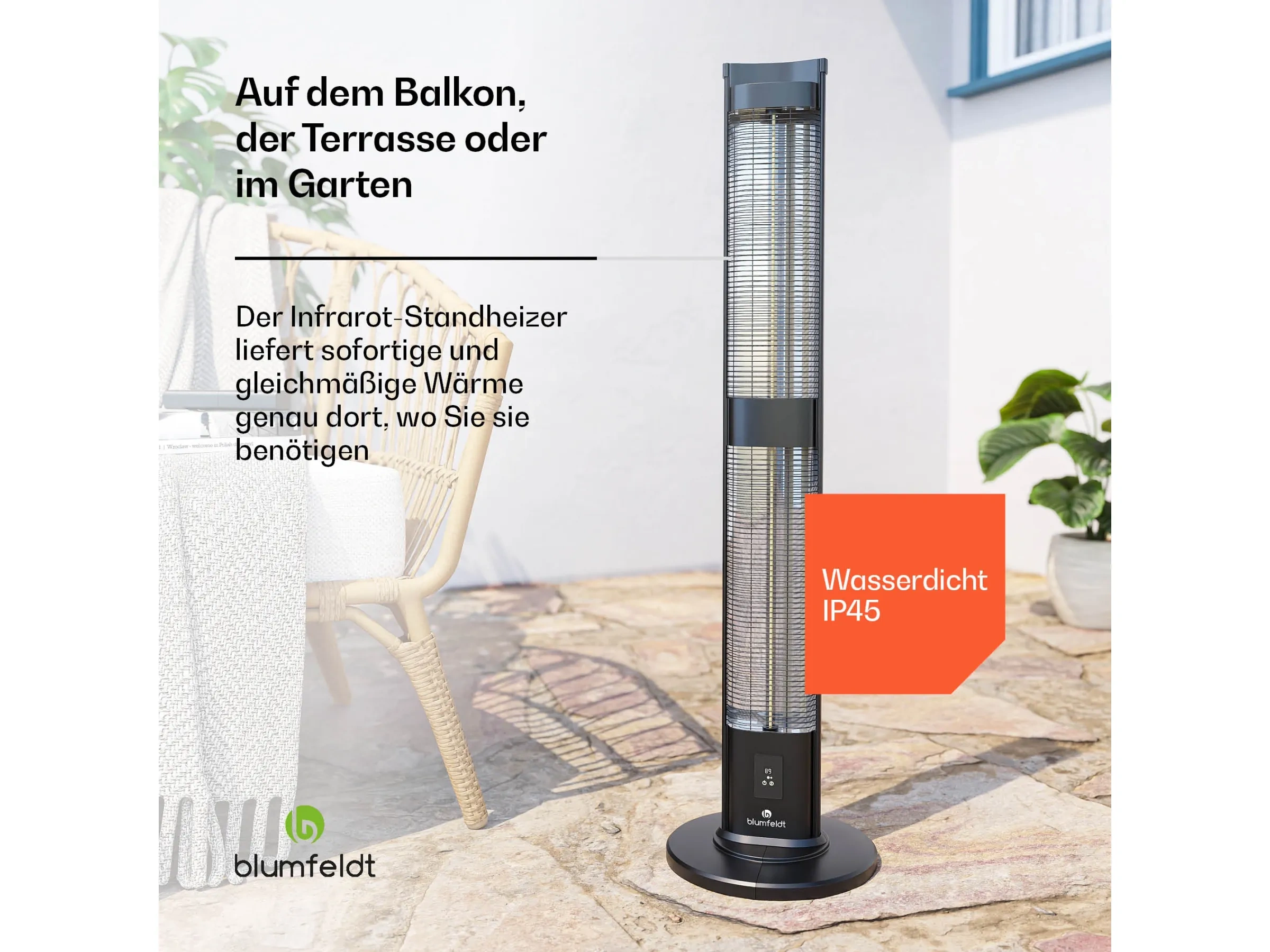 Blumfeldt BlazeTower Standheizer – 3000 W, IP45, Außenbereich