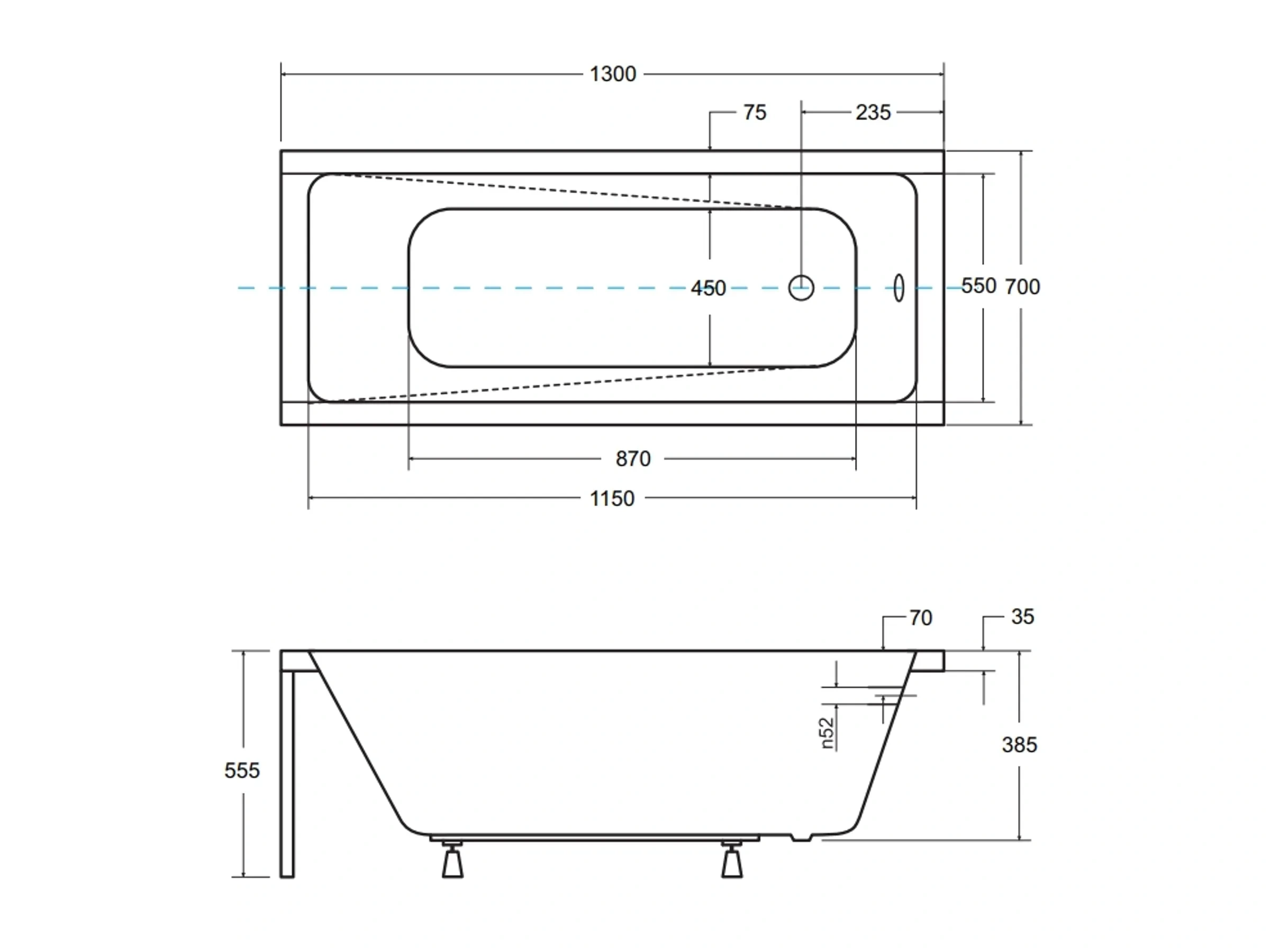 Bad Land Badewanne MODERN Rechteck 130x70 – Mit Ablauf & Füßen